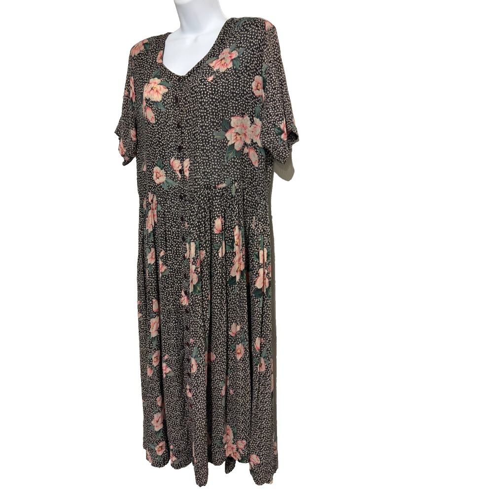 Vtg 90s STARINA Black Floral Maxi Dress~S~Oversized Button Up Grunge Cottagecore